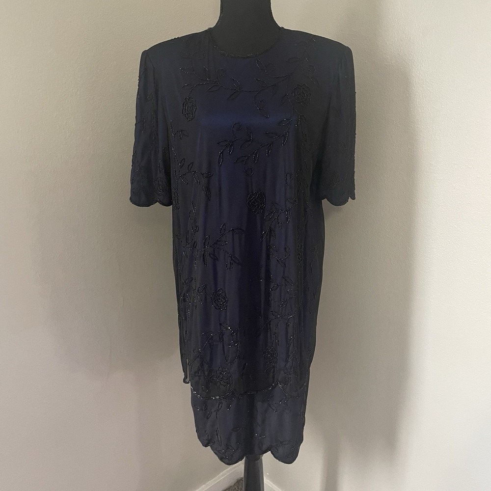 Vintage BRILLIANTE BY J.A. Sz XL Navy Beaded Sequined Dress Layer Illusion Glam - Picture 2 of 11